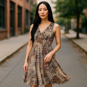 Chris McLaughlin Size 12 Animal Print Midi Dress Sleeveless Lined Flowy Friends